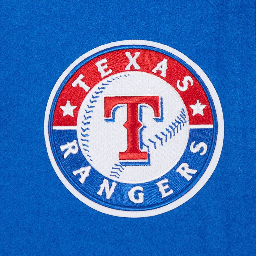 CHAQUETA UNIVERSITARIA CLÁSICA DE LANA PARA MUJER MLB TEXAS RANGERS (AZUL REAL/BLANCO)