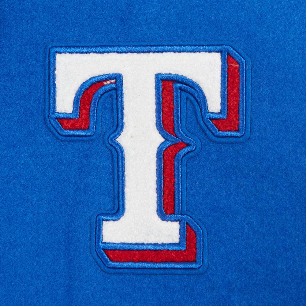 CHAQUETA UNIVERSITARIA CLÁSICA DE LANA PARA MUJER MLB TEXAS RANGERS (AZUL REAL/BLANCO)