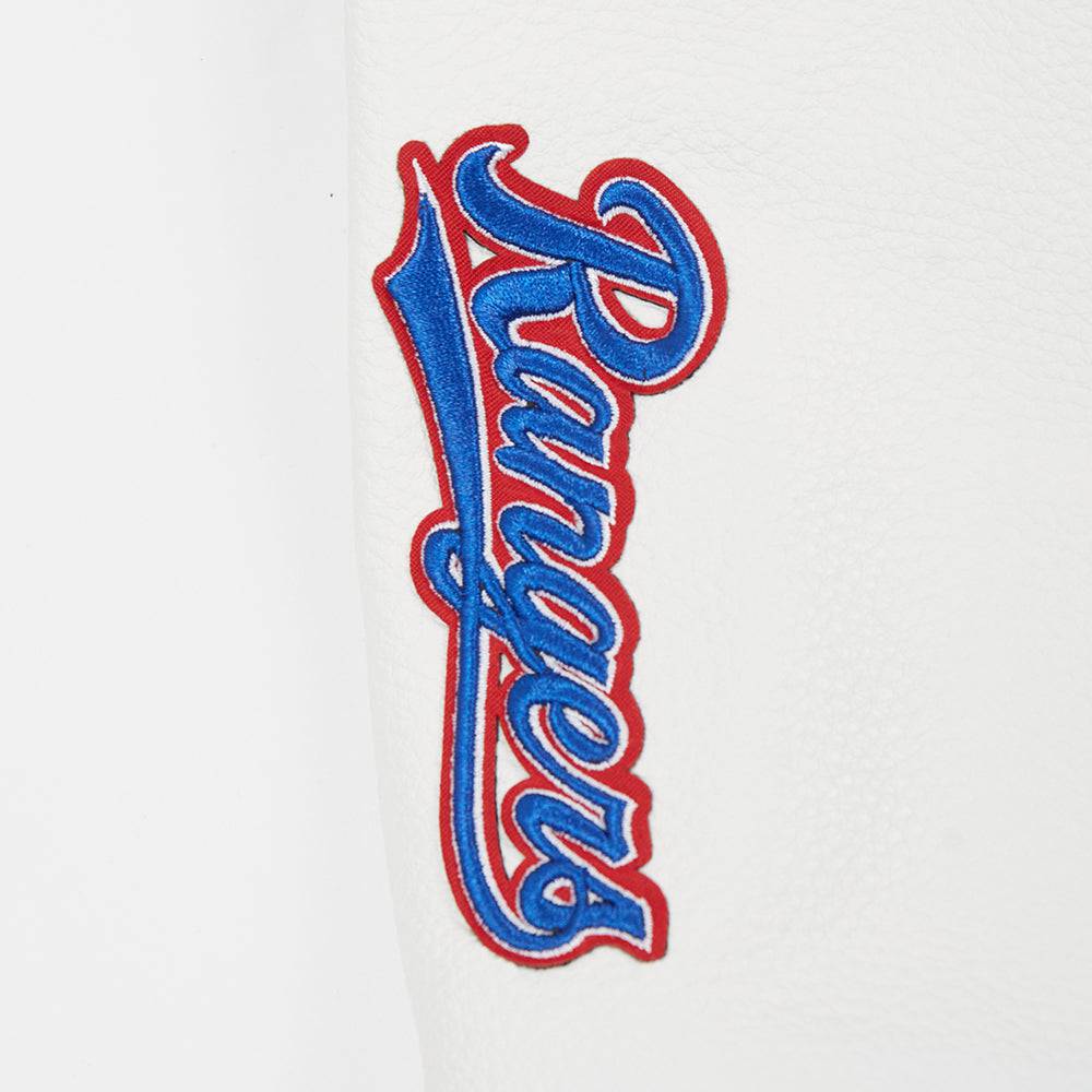 CHAQUETA UNIVERSITARIA CLÁSICA DE LANA PARA MUJER MLB TEXAS RANGERS (AZUL REAL/BLANCO)