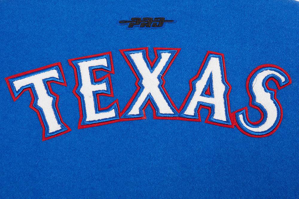 CHAQUETA UNIVERSITARIA CLÁSICA DE LANA PARA MUJER MLB TEXAS RANGERS (AZUL REAL/BLANCO)