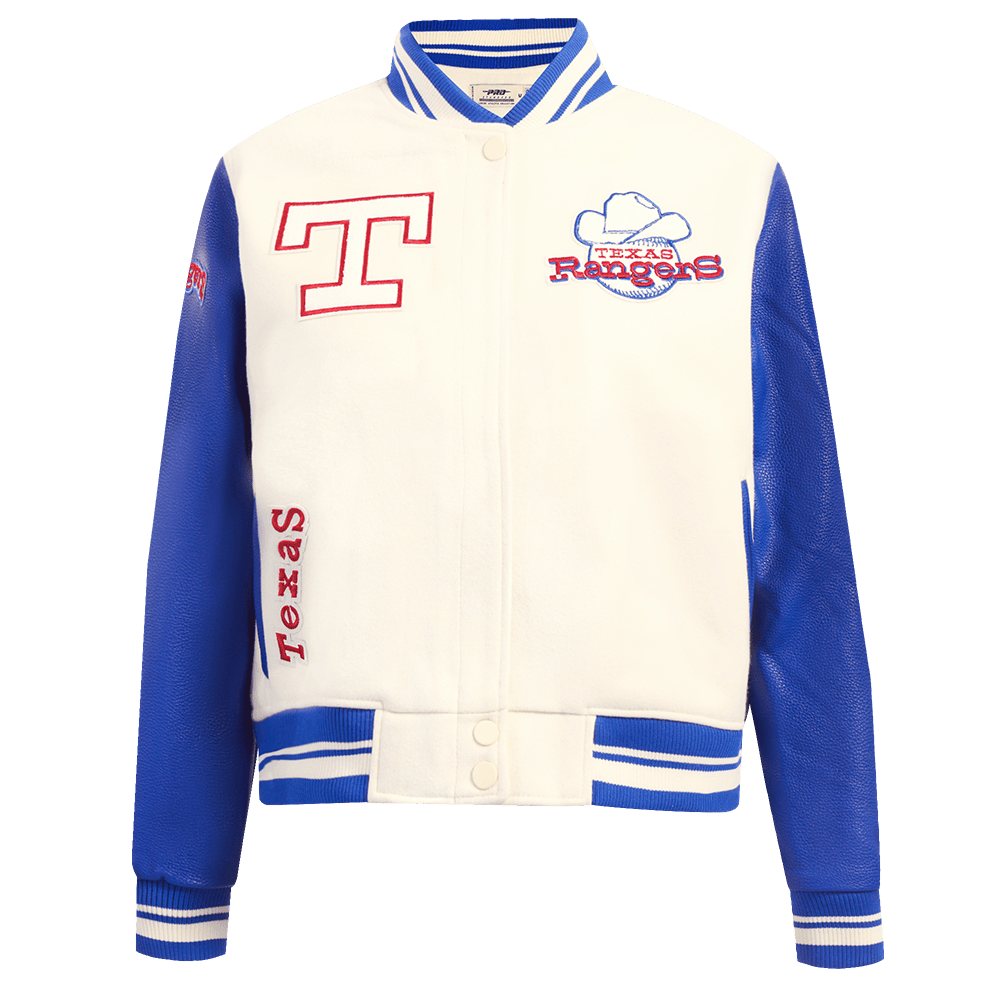 MLB TEXAS RANGERS RETRO CLASSIC WOMEN'S RIB WOOL VARSITY JACKET (EGGSHELL/ROYAL BLUE)