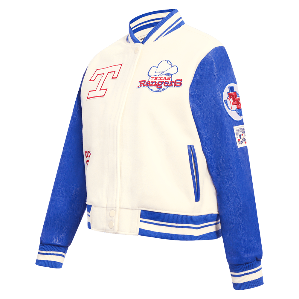 MLB TEXAS RANGERS RETRO CLASSIC WOMEN'S RIB WOOL VARSITY JACKET (EGGSHELL/ROYAL BLUE)