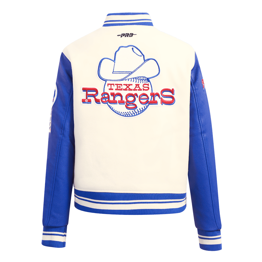 MLB TEXAS RANGERS RETRO CLASSIC WOMEN'S RIB WOOL VARSITY JACKET (EGGSHELL/ROYAL BLUE)