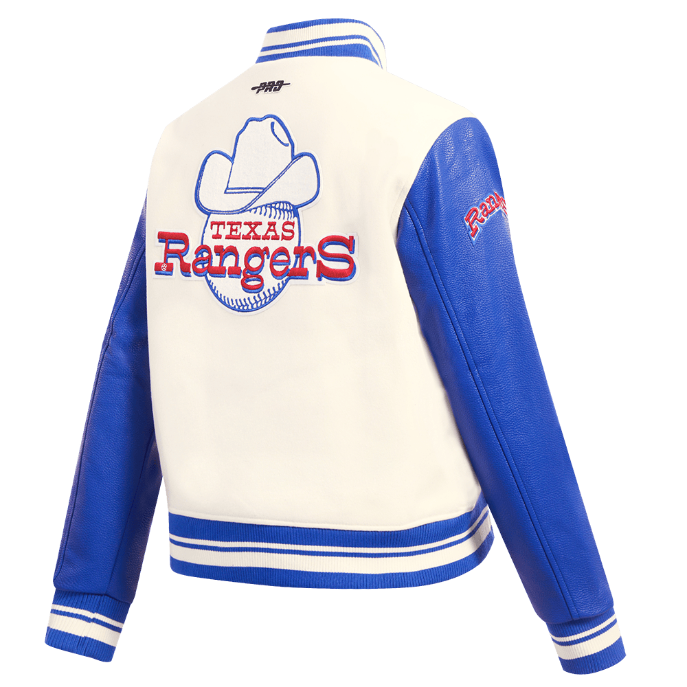 MLB TEXAS RANGERS RETRO CLASSIC WOMEN'S RIB WOOL VARSITY JACKET (EGGSHELL/ROYAL BLUE)