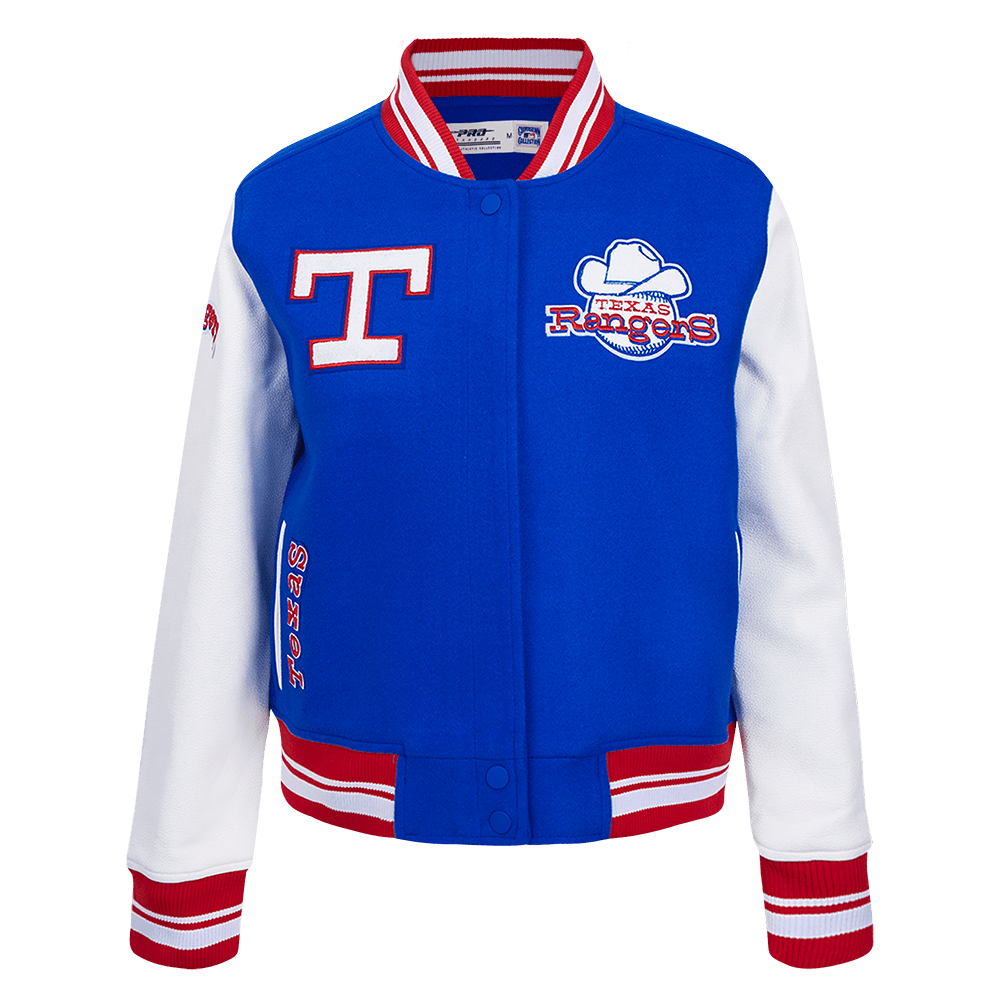 MLB TEXAS RANGERS RETRO CLASSIC WOMEN'S RIB WOOL VARSITY JACKET (ROYAL BLUE/RED)