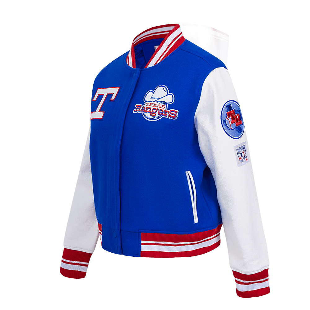 MLB TEXAS RANGERS RETRO CLASSIC WOMEN'S RIB WOOL VARSITY JACKET (ROYAL BLUE/RED)