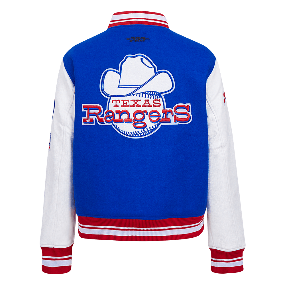 MLB TEXAS RANGERS RETRO CLASSIC WOMEN'S RIB WOOL VARSITY JACKET (ROYAL BLUE/RED)