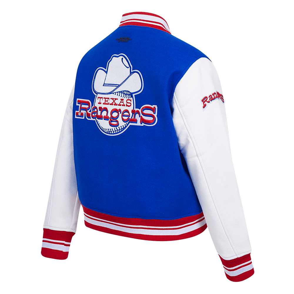 MLB TEXAS RANGERS RETRO CLASSIC WOMEN'S RIB WOOL VARSITY JACKET (ROYAL BLUE/RED)