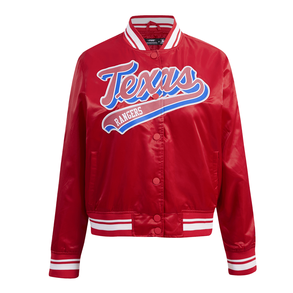 CHAQUETA DE SATÉN MLB TEXAS RANGERS SCRIPT TAIL PARA MUJER (ROJA)