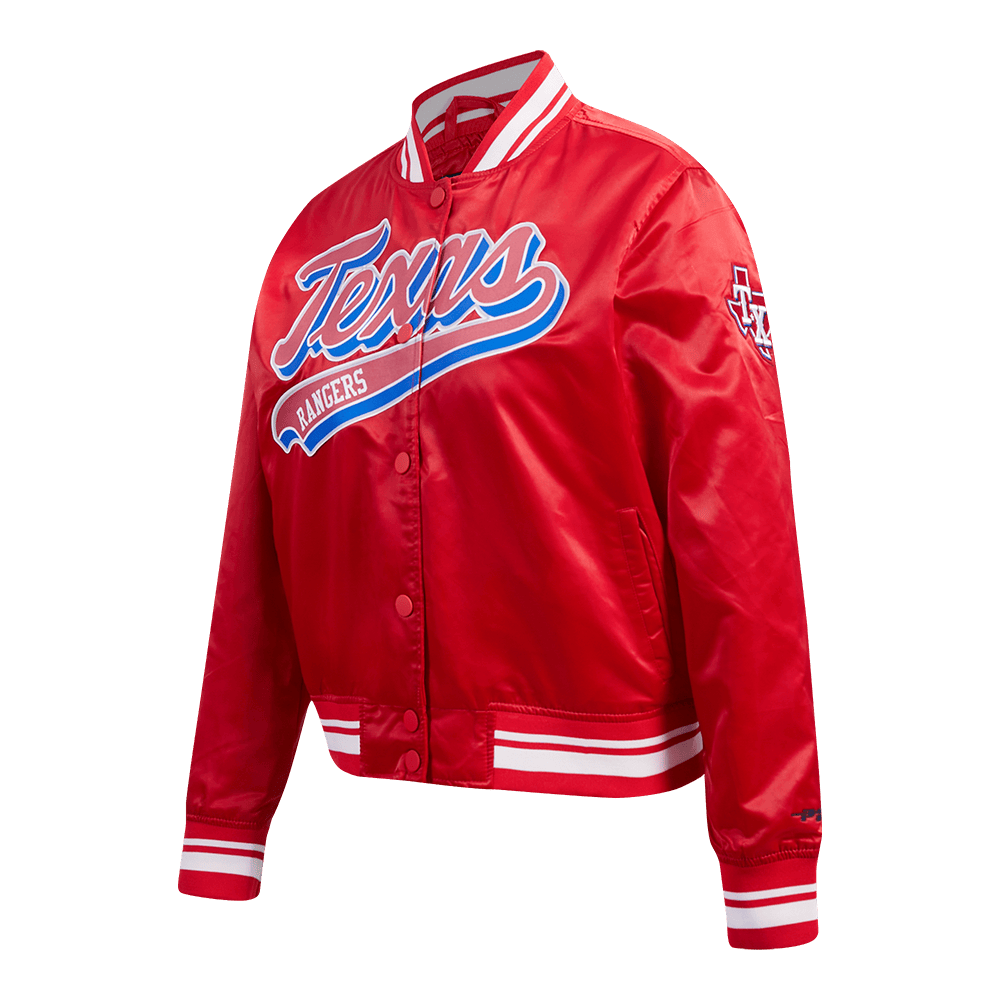 CHAQUETA DE SATÉN MLB TEXAS RANGERS SCRIPT TAIL PARA MUJER (ROJA)