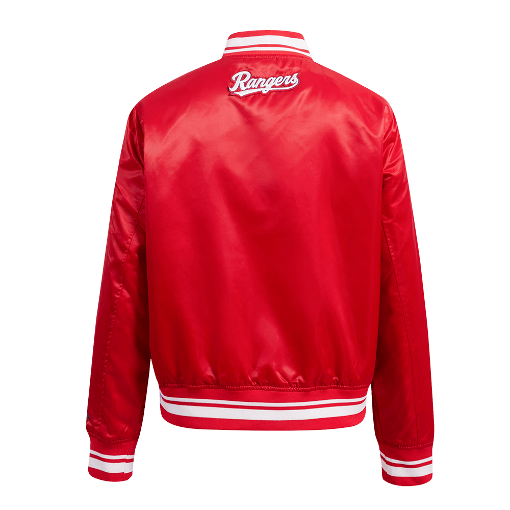 CHAQUETA DE SATÉN MLB TEXAS RANGERS SCRIPT TAIL PARA MUJER (ROJA)