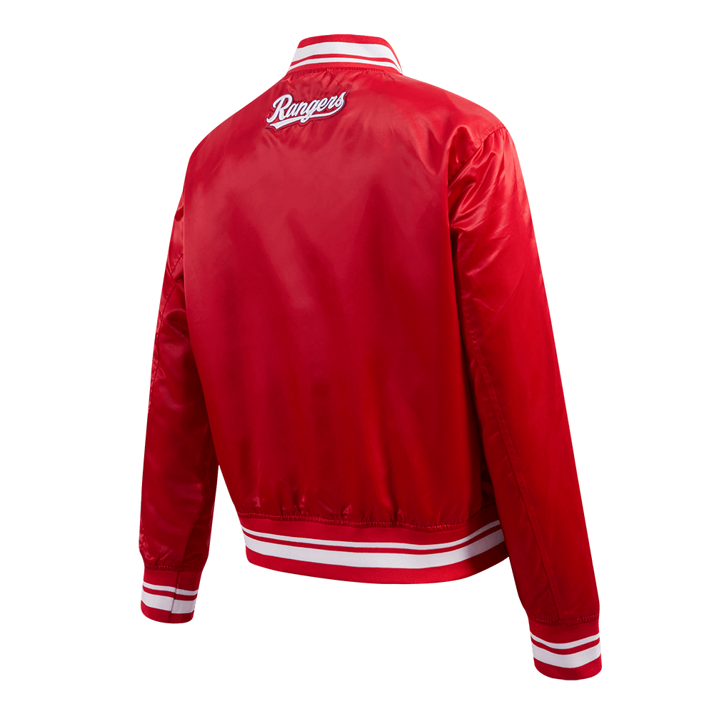 CHAQUETA DE SATÉN MLB TEXAS RANGERS SCRIPT TAIL PARA MUJER (ROJA)