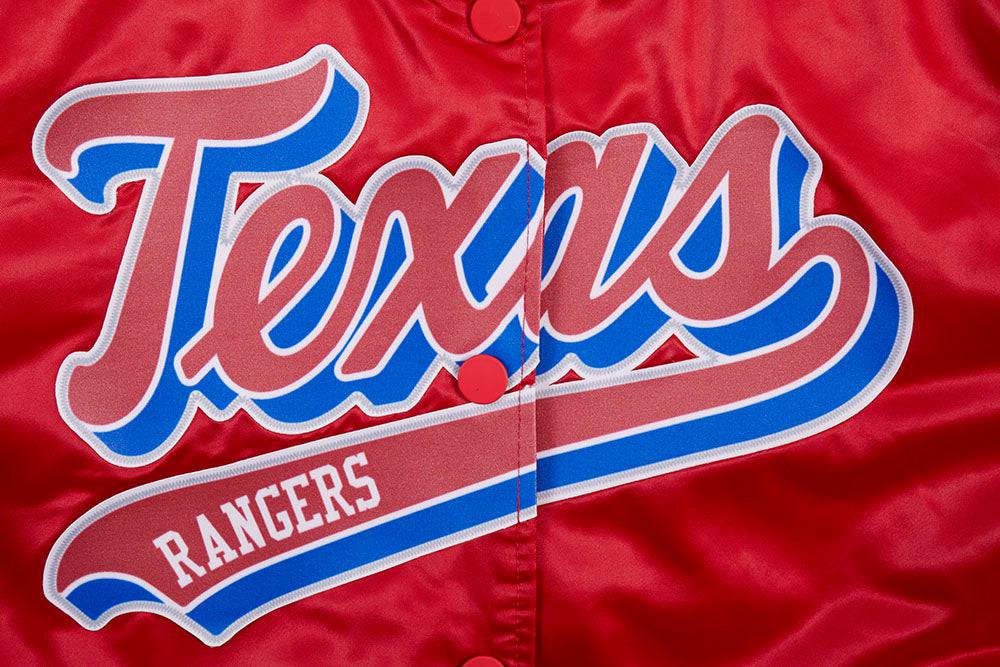 CHAQUETA DE SATÉN MLB TEXAS RANGERS SCRIPT TAIL PARA MUJER (ROJA)