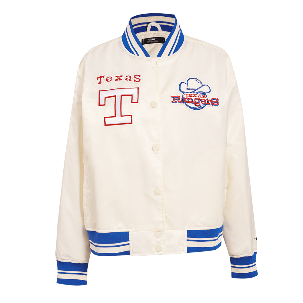 MLB TEXAS RANGERS RETRO CLASSIC WOMEN'S RIB SATIN JACKET (EGGSHELL/ROYAL BLUE)