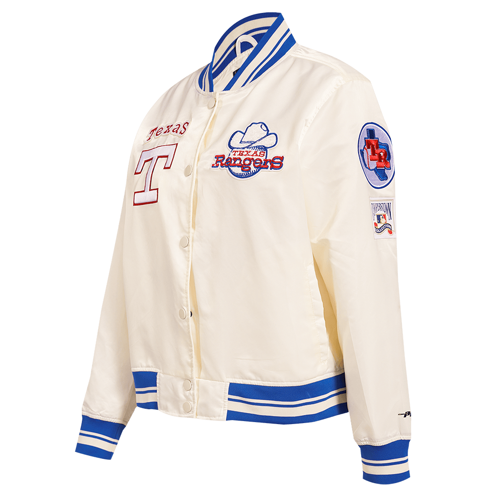 MLB TEXAS RANGERS RETRO CLASSIC WOMEN'S RIB SATIN JACKET (EGGSHELL/ROYAL BLUE)