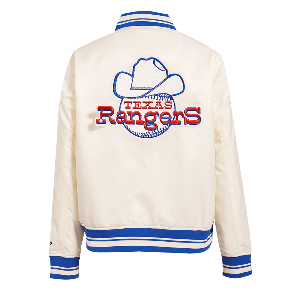 MLB TEXAS RANGERS RETRO CLASSIC WOMEN'S RIB SATIN JACKET (EGGSHELL/ROYAL BLUE)