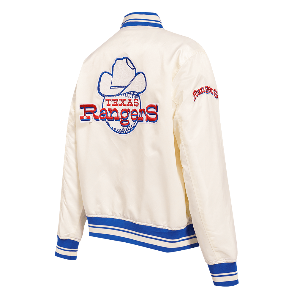 MLB TEXAS RANGERS RETRO CLASSIC WOMEN'S RIB SATIN JACKET (EGGSHELL/ROYAL BLUE)