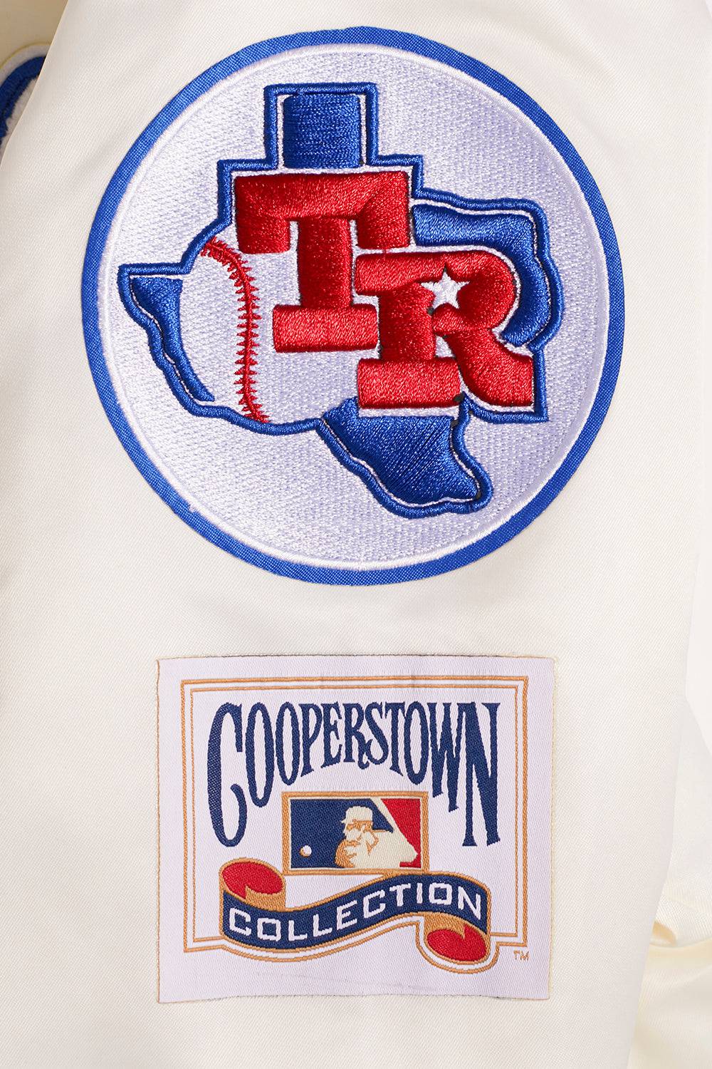 MLB TEXAS RANGERS RETRO CLASSIC WOMEN'S RIB SATIN JACKET (EGGSHELL/ROYAL BLUE)
