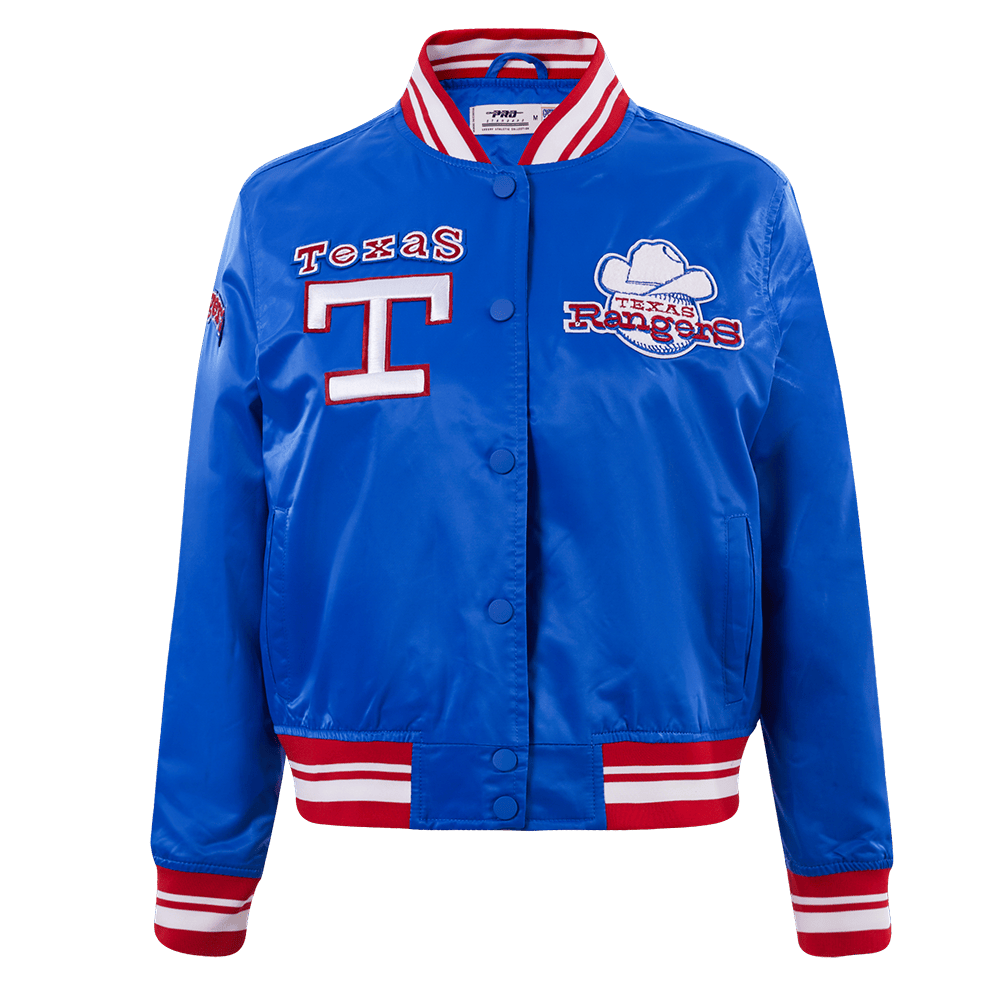 MLB TEXAS RANGERS RETRO CLASSIC WOMEN'S RIB SATIN JACKET (ROYAL BLUE/RED)