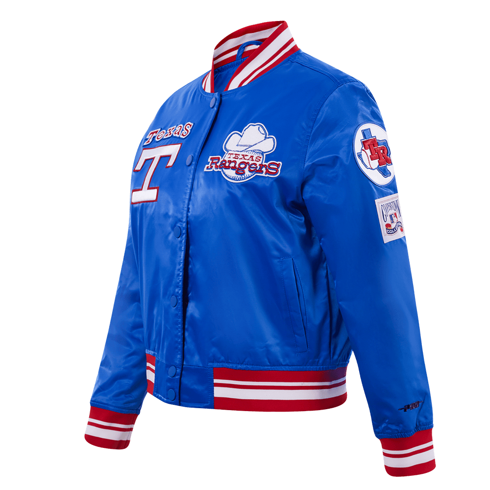 MLB TEXAS RANGERS RETRO CLASSIC WOMEN'S RIB SATIN JACKET (ROYAL BLUE/RED)