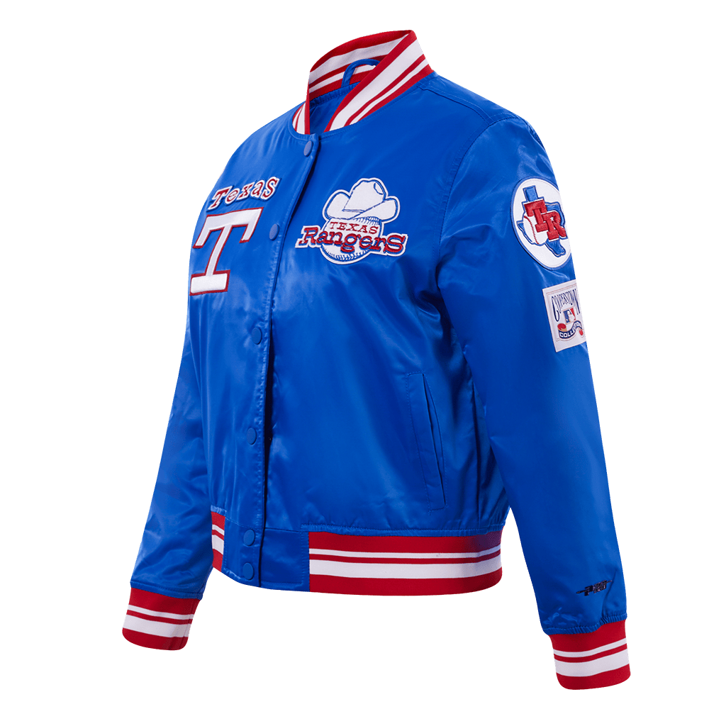 MLB TEXAS RANGERS RETRO CLASSIC WOMEN'S RIB SATIN JACKET (ROYAL BLUE/RED)